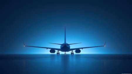 The airplane silhouette stands out against a vivid blue background, emphasizing its sleek design and innovative features in aviation.の素材