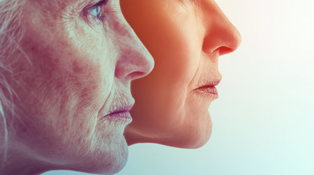 Two faces side by side one aged and one youthful, highlighting transformation.の素材