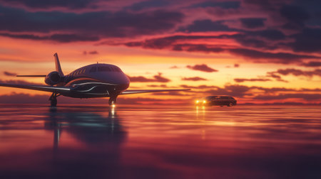 A luxury private jet rests on a runway at dusk, illuminated by the colorful twilight sky, while a limousine is parked nearby, ready for departure.の素材