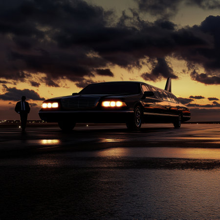 A luxury private jet is stationed on the runway at dusk, with a sleek limousine parked close by under a vibrant sky.の素材