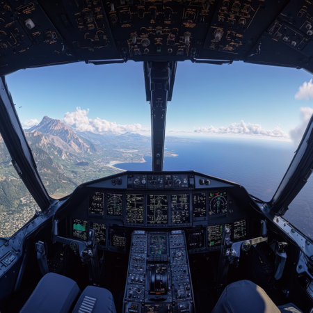 Cockpit perspective showing flight controls with a stunning view of the coastline and mountains under a clear blue skyの素材