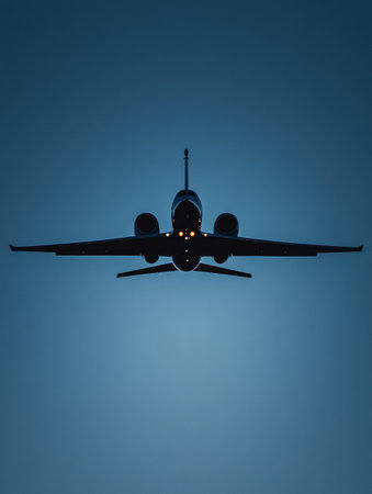 An airplane silhouette glides through the evening sky, showcasing its sleek design and defined lines against a backdrop of deep blue hues.の素材