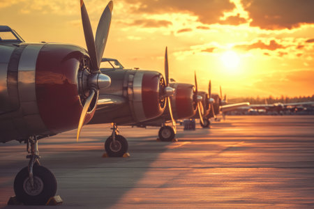 Classic airplanes are arranged meticulously on an old airfield, illuminated by the warm glow of the setting sun against the horizon.の素材
