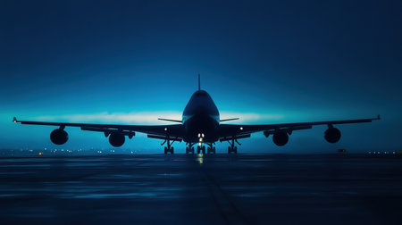 A silhouette of an airplane stands on the runway ready for takeoff at dusk, with a calm blue hue illuminating the background.の素材