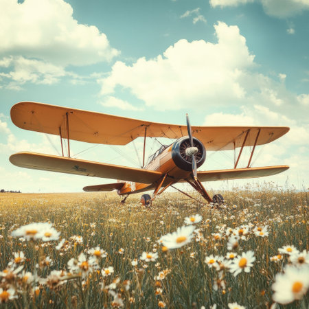 A vintage biplane stands on a grassy field filled with blooming flowers, under a bright and sunny sky, showing its vibrant colors.の素材