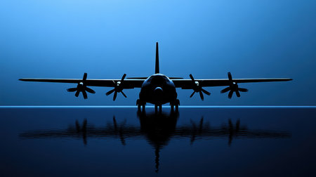 A silhouette of an airplane with clean lines stands out against a deep blue backdrop, reflecting tranquility and elegance during twilight.の素材