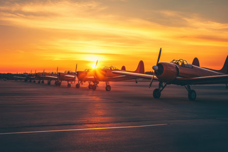 Eight classic airplanes are aligned on a rustic airfield, illuminated by the warm hues of sunset, creating a nostalgic atmosphere.の素材