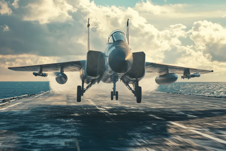Fighter jet accelerates down the flight deck of an aircraft carrier, taking off over the ocean as the sun sets, enhancing the dramatic atmosphere.の素材