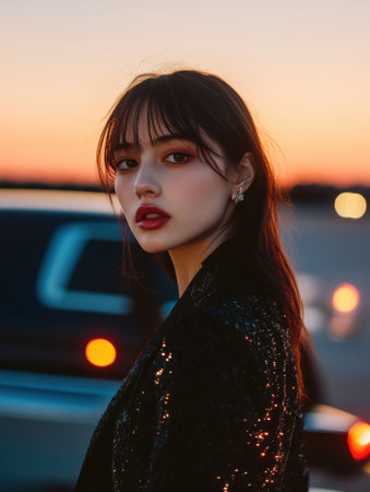 A luxury private jet is parked on a runway at dusk, accompanied by a nearby limousine and a stylish individual posing elegantly.の素材