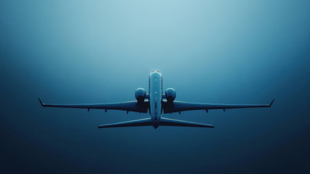 A streamlined airplane silhouette soars through the clear blue sky, showing its clean lines against the backdrop of a tranquil afternoon.の素材