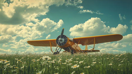A vintage biplane stands proudly in a lush grassy field surrounded by blooming flowers beneath a clear and sunny sky.の素材