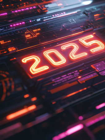 A sleek digital calendar displays the year 2025 in vibrant neon colors, set against a futuristic high tech backdrop filled with glowing details.の素材