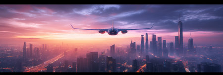 A sleek futuristic airplane soars above a dynamic city skyline as twilight paints the sky in colorful hues, illuminating the urban landscape.の素材