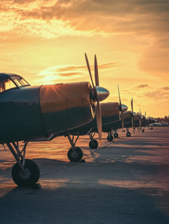 Vintage aircraft stand in formation at an old airfield, illuminated by a breathtaking sunset in the sky, creating a nostalgic atmosphere.の素材