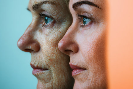 Two faces placed side by side illustrate the contrast between aging and youthful skin, capturing the effects of time beautifully.の素材