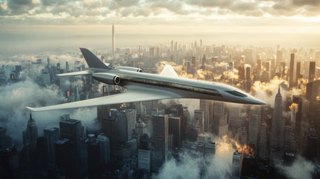 A sleek futuristic airplane glides above an expansive cityscape filled with towering skyscrapers, illuminated by warm sunset hues.の素材