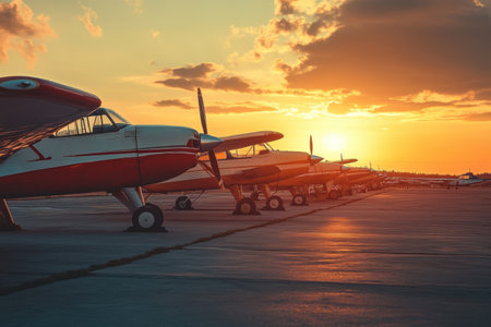 Vintage airplanes are displayed on the airfield as a beautiful sunset creates an enchanting atmosphere with colorful clouds above.の素材