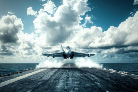 Fighter jet takes off from an aircraft carrier deck, soaring into the sky with spray from the ocean visible, showcasing naval aviation power.の素材