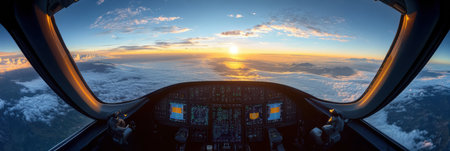 Cockpit offers a breathtaking view of the sun rising over the clouds during early morning flight, enhancing the travel experience.の素材