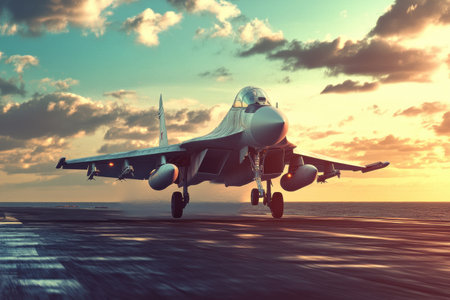 A military fighter jet is taking off from an aircraft carrier as the sun sets over the ocean, creating a striking silhouette against the sky.の素材