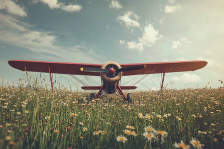 A vintage biplane sits in a grassy field covered in colorful flowers, basking in the warmth of a sunny day with fluffy clouds.の素材