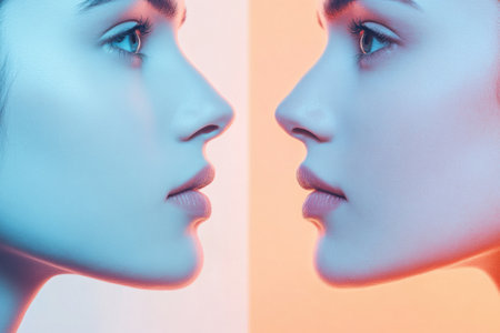 Two profiles show the stark contrast between aging and youth, highlighting the differences in skin texture and vitality in vibrant colors.の素材