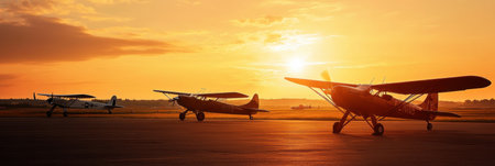 Classic aircraft are lined up against the backdrop of a stunning sunset, creating a nostalgic atmosphere at the airfield.の素材