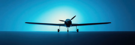 A modern airplane silhouette stands out against a vibrant blue backdrop, evoking a sense of flight during twilight hours.の素材
