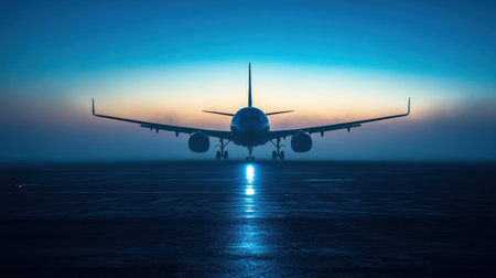 A sleek airplane silhouette stands illuminated by twilight, casting reflections on a moist runway at an airport in the early evening.の素材