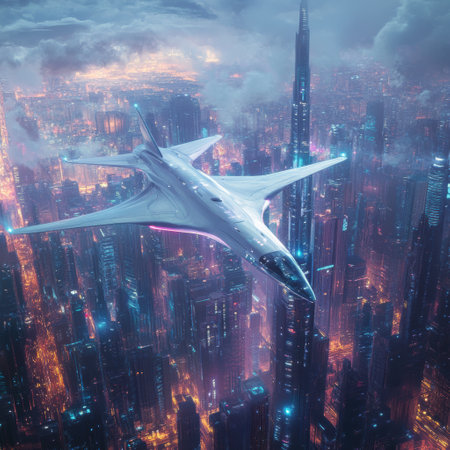 A sleek airplane glides through the vibrant skies of a futuristic city, surrounded by towering skyscrapers and glowing lights at dusk.の素材