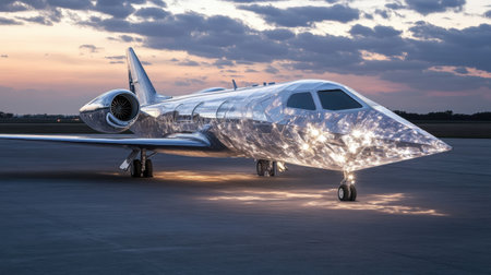 Luxury private jet is parked on the runway at dusk, illuminated by the soft evening light, with a limousine standing ready nearby.の素材