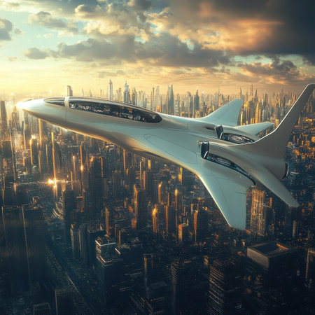 A sleek, modern airplane soars over a futuristic city, illuminated by a warm sunset, showing advanced technology and design.の素材