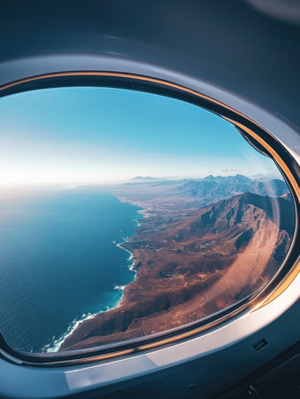 Passengers enjoy a stunning vista of rugged coastline, mountains, and the shimmering ocean from the airplane window during sunset.の素材