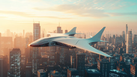 A sleek futuristic airplane glides gracefully above a sprawling sci fi metropolis, capturing the warm glow of the setting sun.の素材