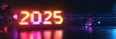A sleek digital calendar highlights the year 2025 with bright neon colors, showcasing a modern and futuristic aesthetic in a dark setting.の素材
