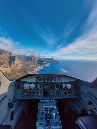 A pilot navigates a commercial aircraft with a clear view of steep coastal cliffs and the shimmering ocean beneath a vibrant sky.の素材