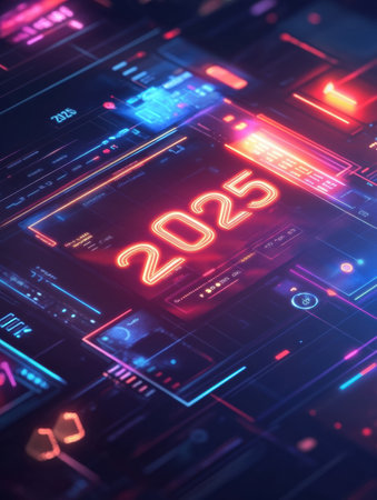 A sleek digital calendar presents the year 2025 with glowing graphics, showcasing a modern and innovative design for time management.の素材