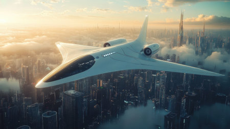 A sleek futuristic airplane glides through the clouds above an imaginative city full of towering structures and vibrant colors at dusk.の素材