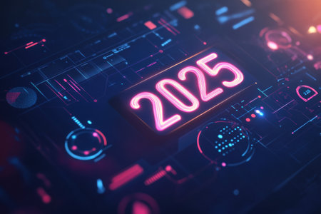 A digital calendar displays the futuristic year 2025, featuring neon lights and intricate digital designs for a tech inspired aesthetic.の素材