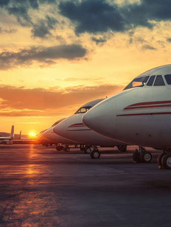 Row of classic airplanes on an airfield during sunset, showcasing a beautiful blend of warm colors and nostalgic shapes in the sky.の素材