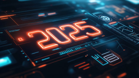 A digital calendar showcases the year 2025 with vivid light effects and advanced technology, set in a high tech environment.の素材