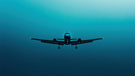 A silhouette of an airplane cuts through the dusky sky, emphasizing its streamlined form as it prepares to land.の素材