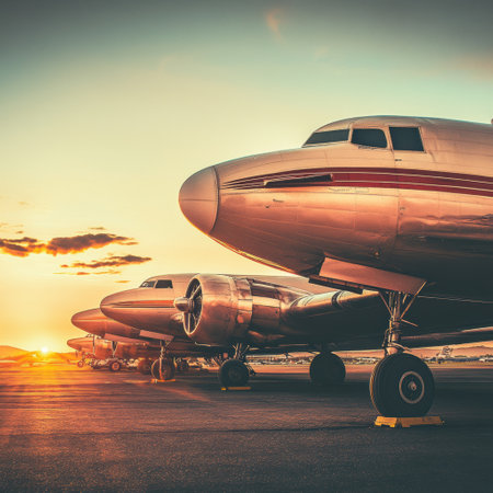 Rows of classic airplanes stand at a vintage airfield as the sun sets, creating a serene atmosphere filled with nostalgia.の素材