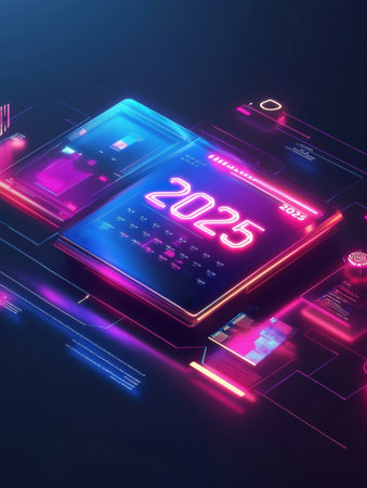 A digital calendar showcases the year 2025 with a modern aesthetic, featuring bright colors and high tech interfaces in a futuristic layout.の素材