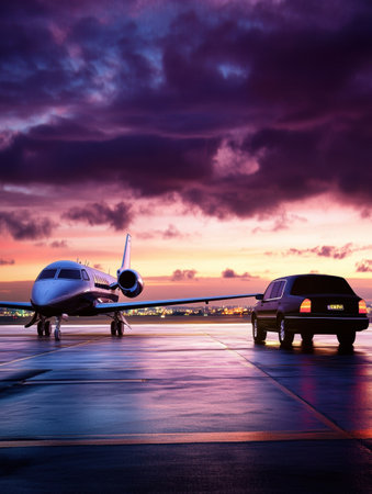 A luxury private jet is stationed on a reflective runway at dusk, accompanied by a nearby limousine that adds elegance to the setting.の素材