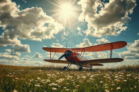 A vintage biplane sits gracefully on a grassy field, embraced by blooming flowers underneath a bright blue sky with fluffy clouds.の素材