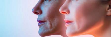 Two faces side by side reveal the contrast between visible aging signs and smooth youthful skin in an artistic display of times passage.の素材