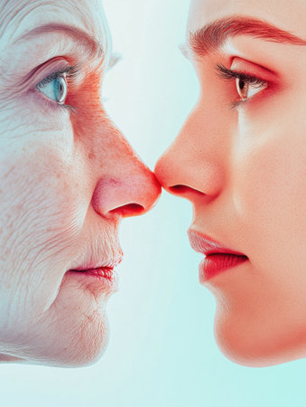 Two faces are side by side, one shows signs of aging with wrinkles, while the other appears smooth and youthful, highlighting contrasting life stages.の素材