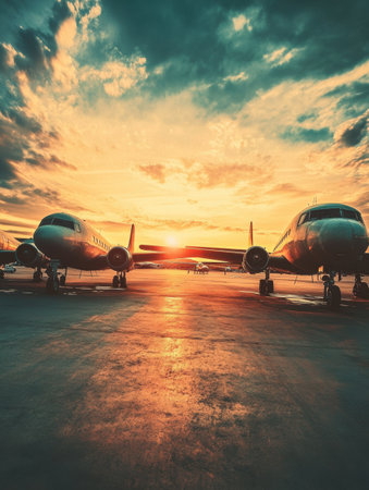 Vintage airplanes aligned on an old airfield at sunset, creating a nostalgic atmosphere with dramatic clouds lighting up the sky.の素材