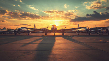 Several vintage airplanes are lined up on an airfield, bathed in warm sunlight as a beautiful sunset fills the sky.の素材